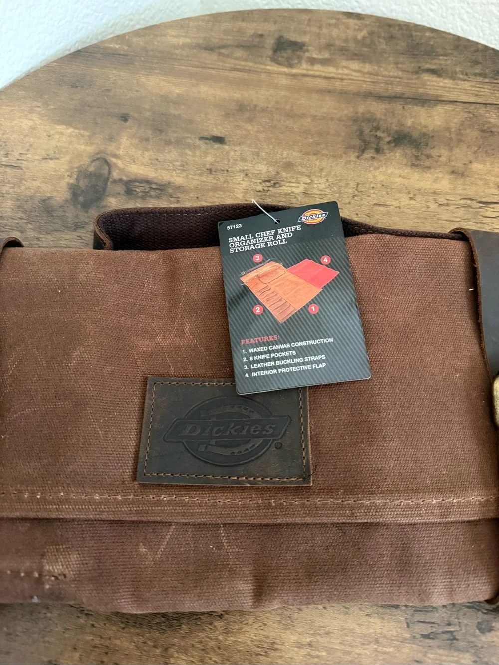 Dickies Brown Canvas Roll-Up Chef Knife Organizer and Storage Roll Leather Strap